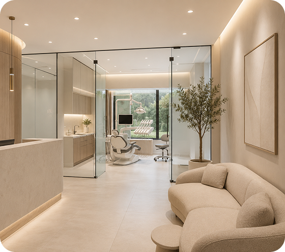 Interior de clínica moderna con diseño de marca premium