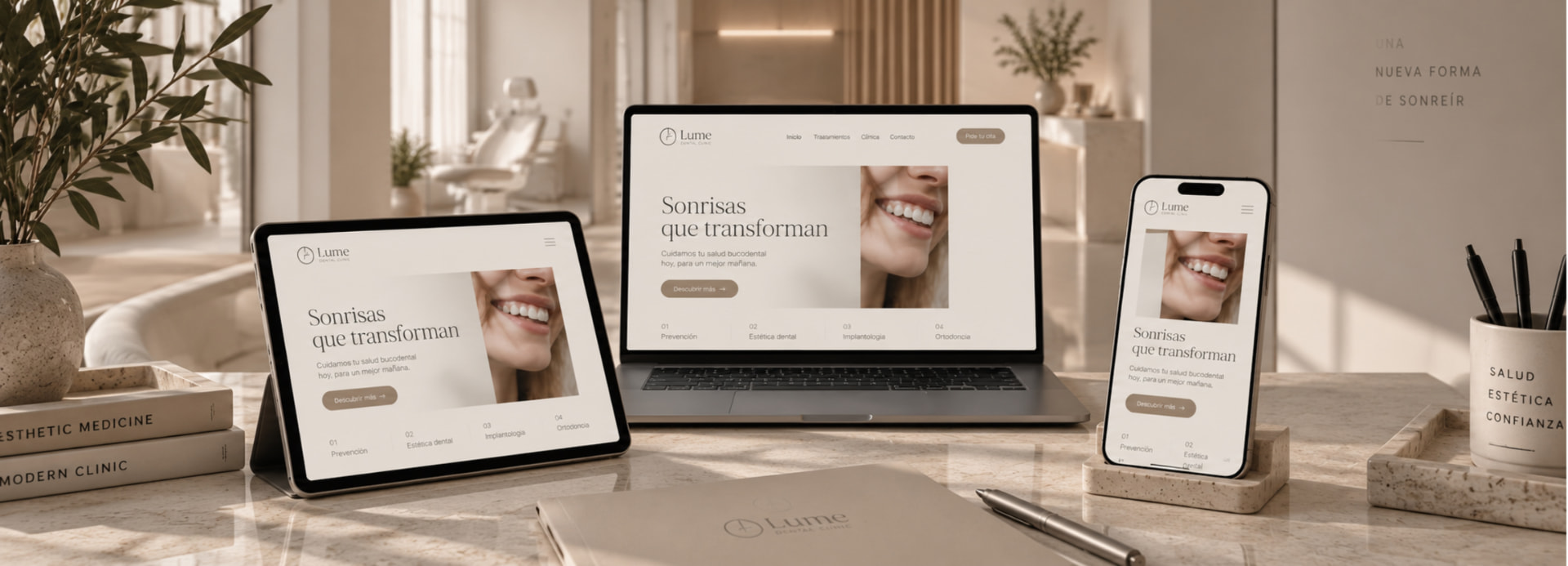 Web de clínica vista en un portátil sobre una mesa clara